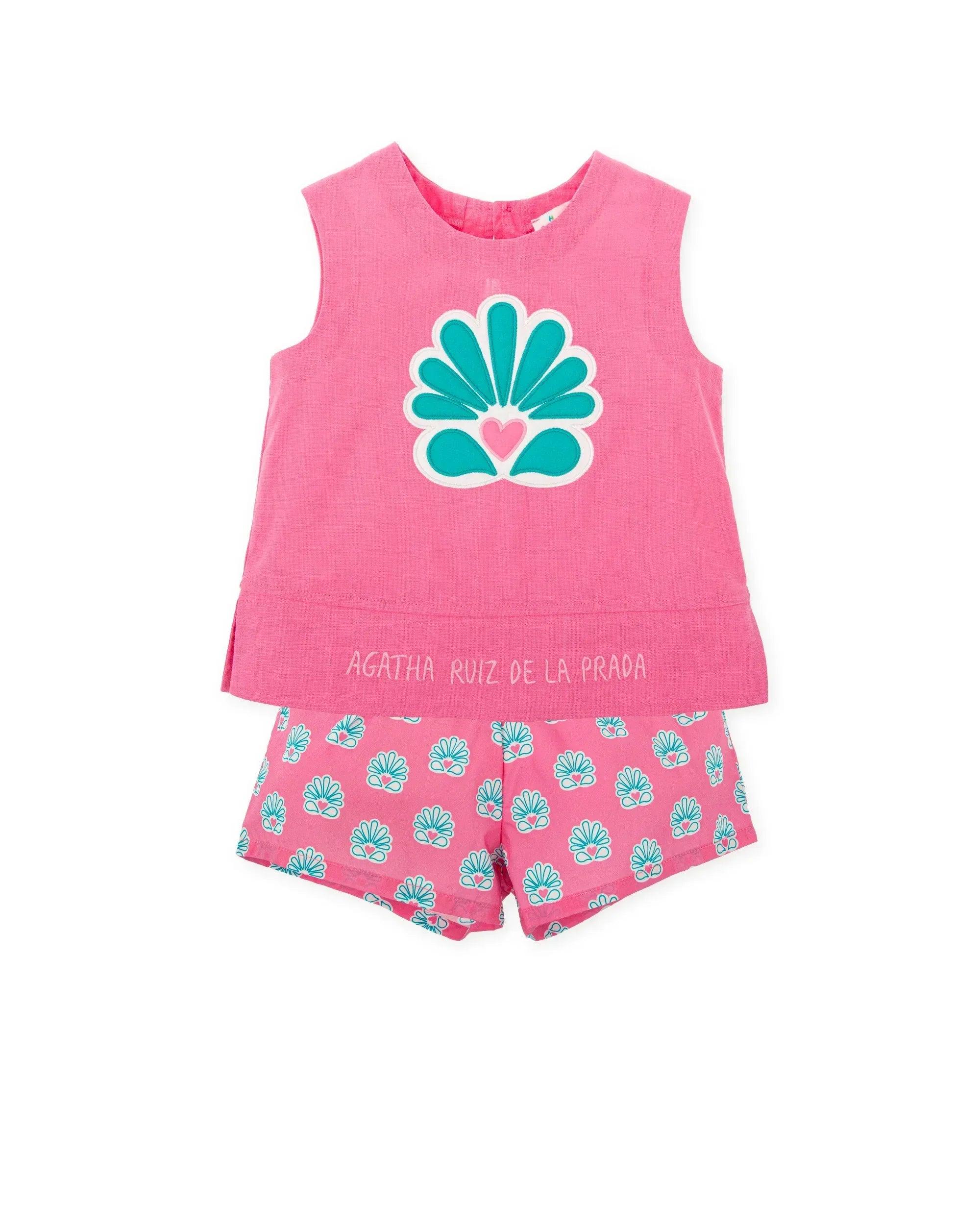 CONJUNTO SIN MANGAS ROSA + SHORTS ESTAMPADO INDIA