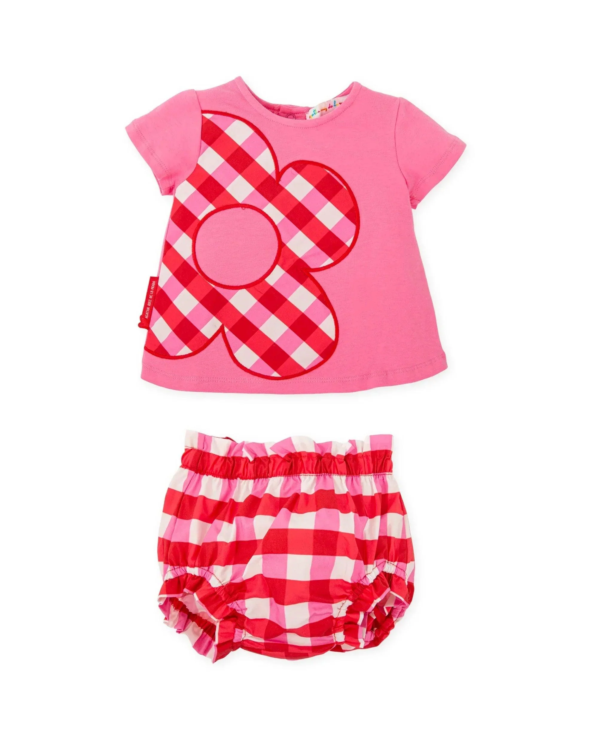VESTIDO FUCSIA CON FLOR DE CUADROS DE VICHY Y BRAGUITA A JUEGO - Image 3
