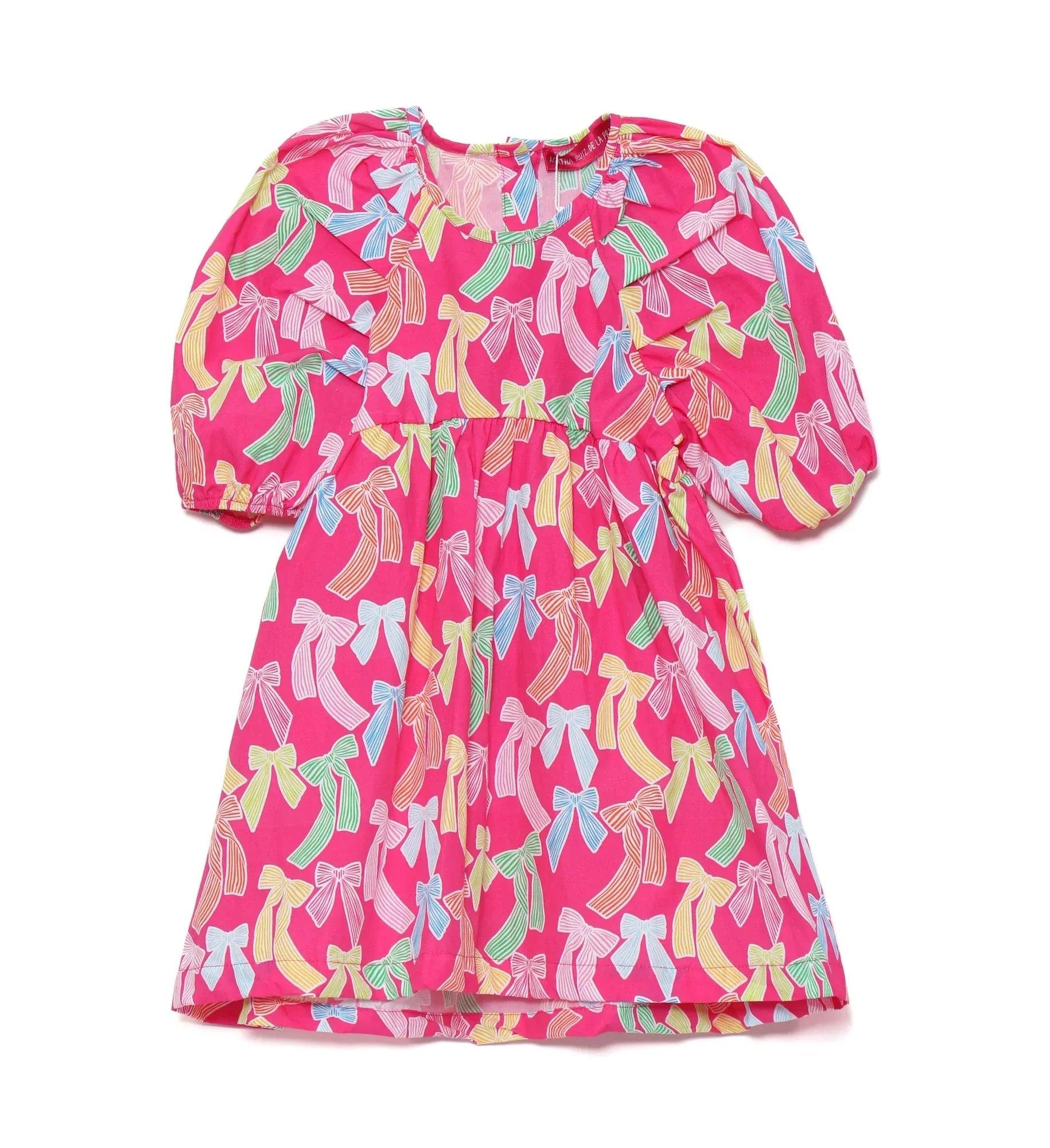 VESTIDO MANGA FUCSIA ESTAMPADO LAZOS